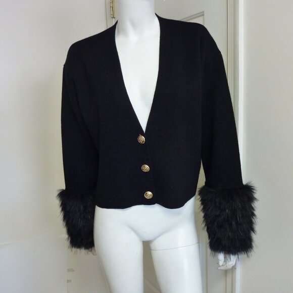 Alice and Olivia Bradley Faux Fur Cuff Wool Blend Crop Cardigan - Picture 7 of 12